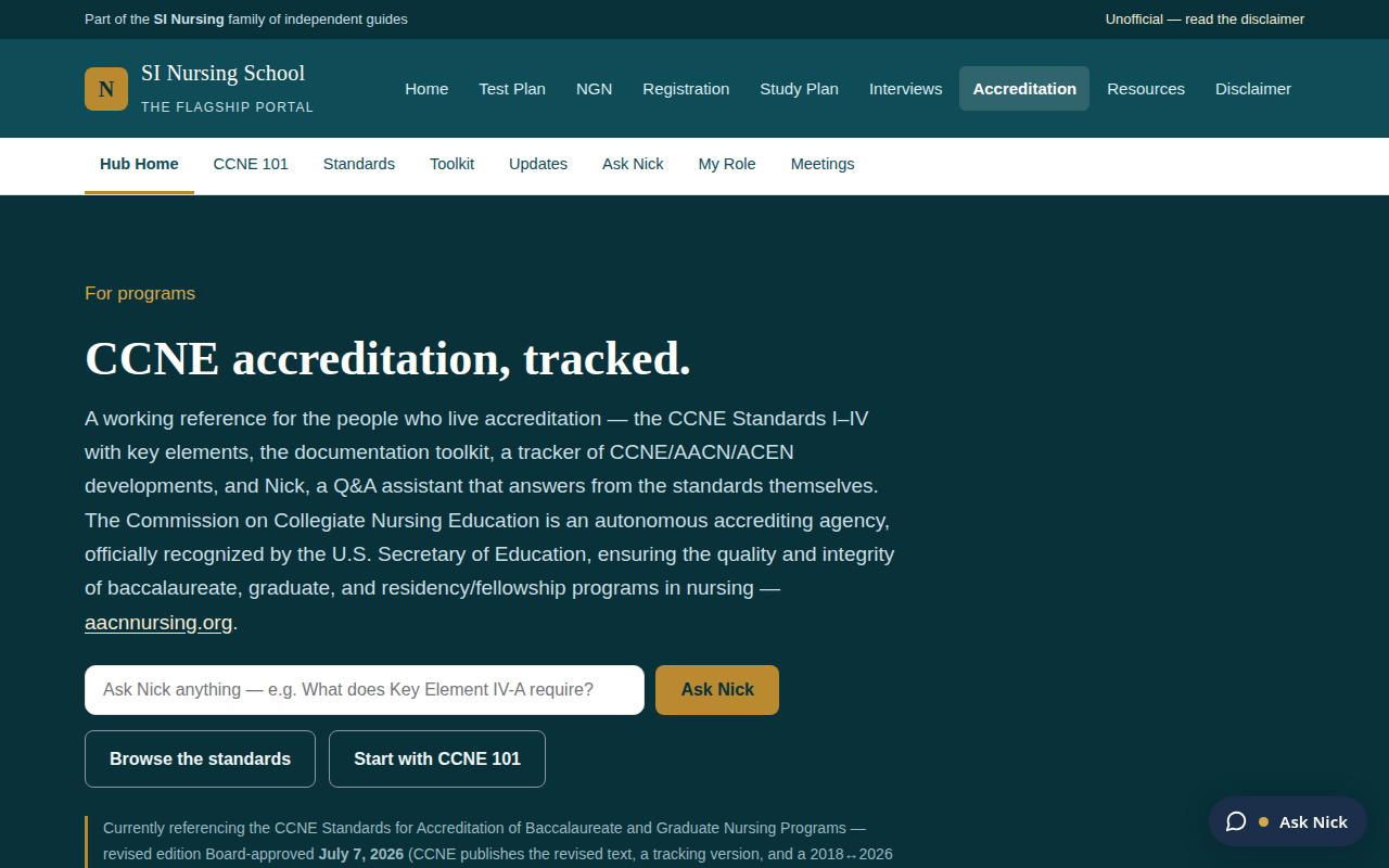 Screenshot of the CCNE accreditation hub
