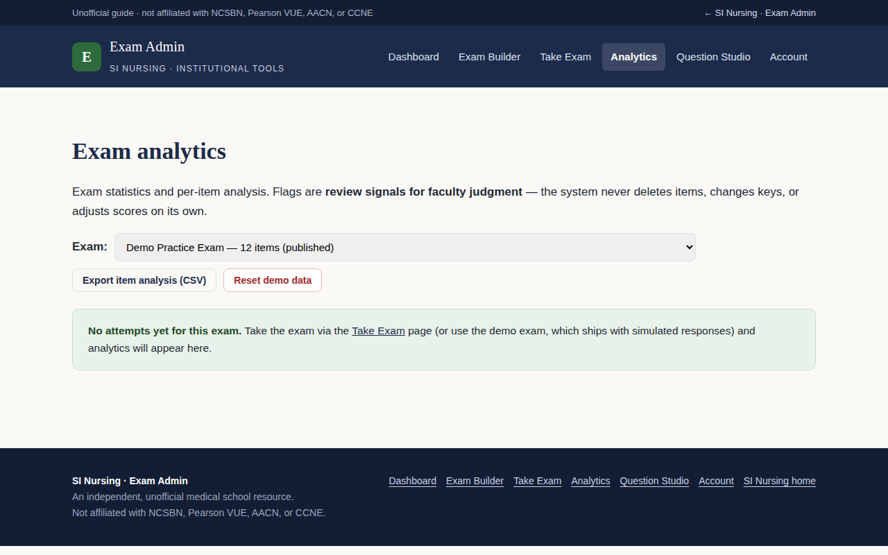 Screenshot of exam analytics with item analysis and CSV export