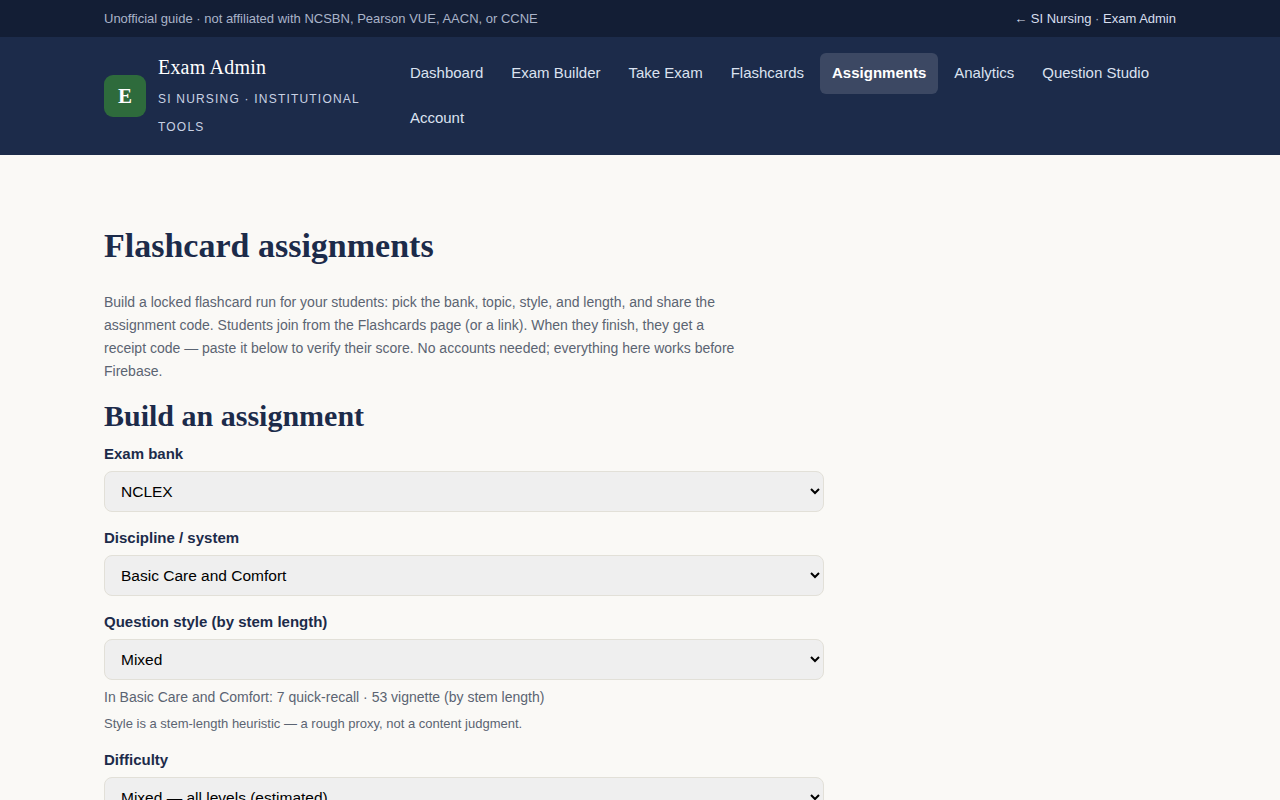 Screenshot of the assignment builder in Exam Admin