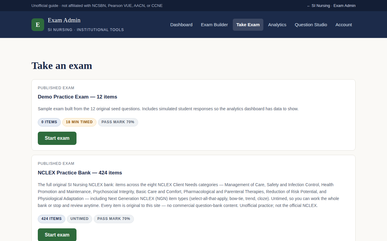 Screenshot of the Take Exam page showing the practice bank